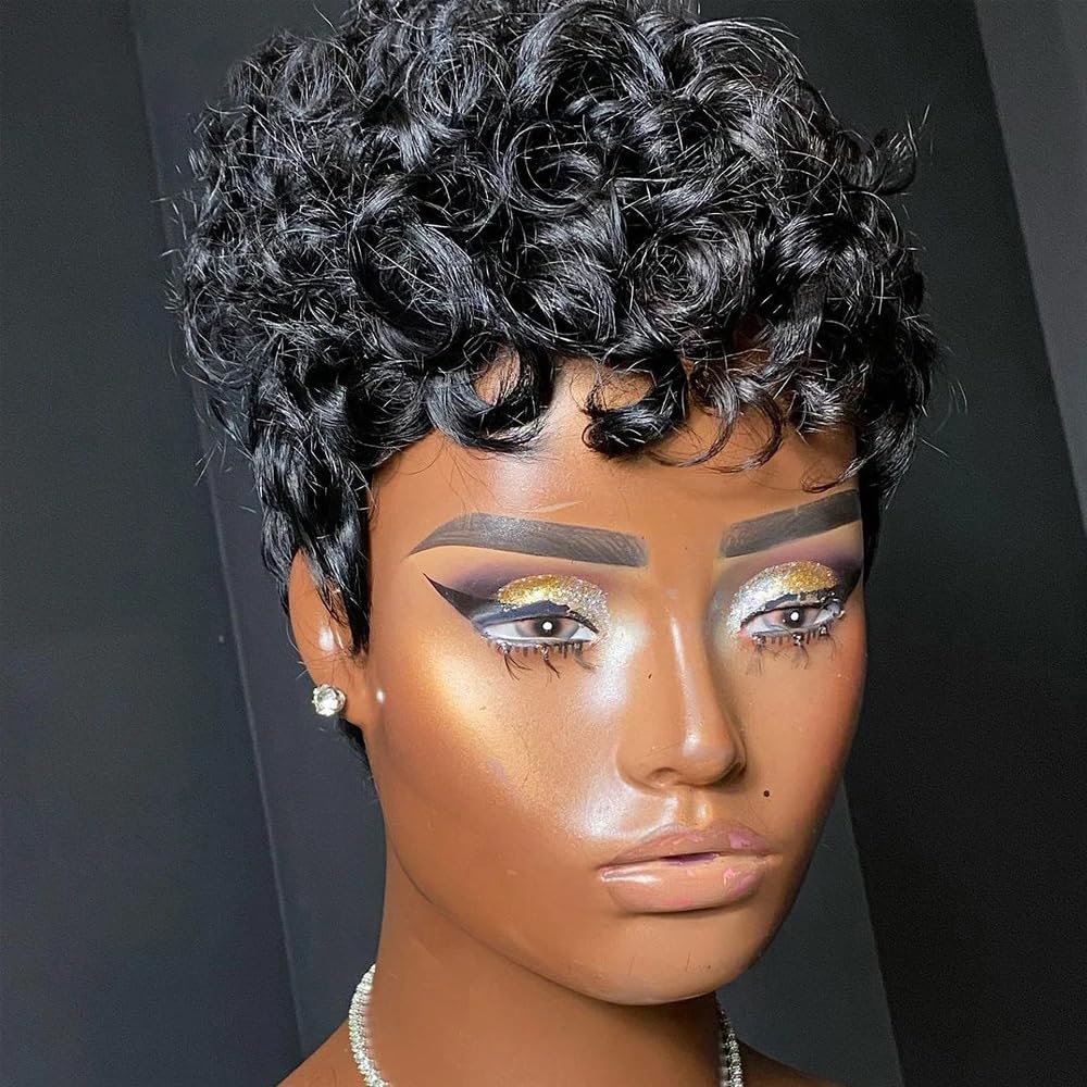hort Pixie Wigs for Black Women Short Black Curly Pixie Wigs Synthetic Hair Wigs for Black Women Natural Wavy Black
