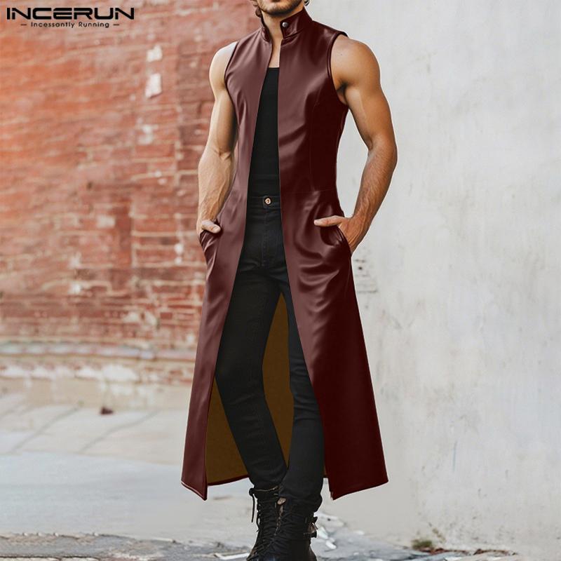 INCERUN Men Stand Collar Sleeveless PU Faux Leather Open Front Casual Long Maxi Cardigan Coats