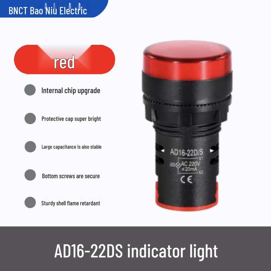 AD16-22DS LED Indicator Light for Distribution Box, Signal Light in Red, Green, Yellow, Blue, White (12/24V, 220/380V)