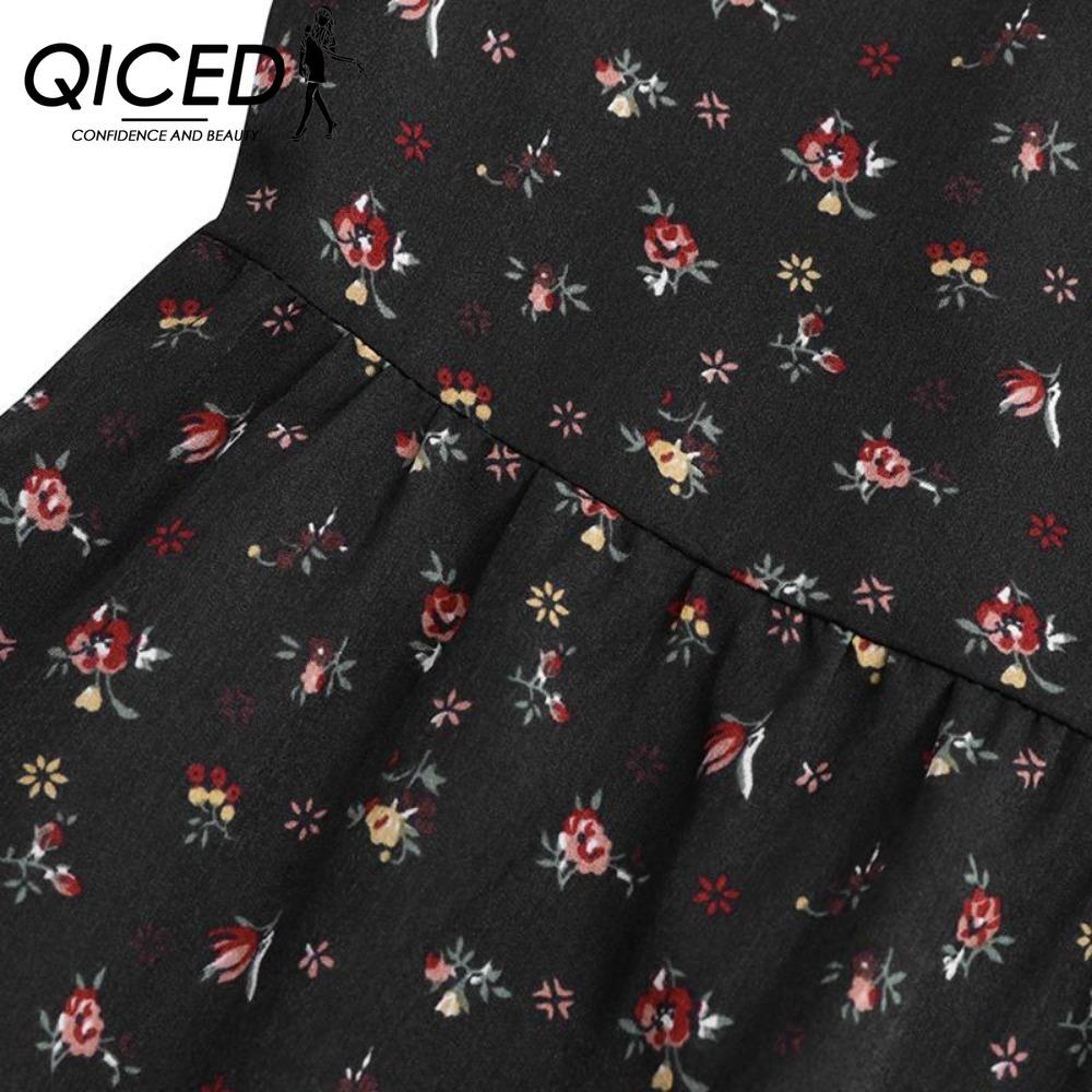 QICED Women's Ruffled Mini Floral Maxi Dress Long Sleeve V-Neck Casual Dresses