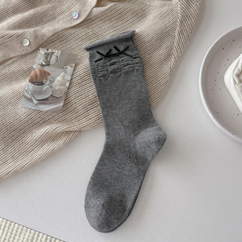 Cake Bubble Mouth Socks for Children, Mid-Calf Length, Solid Color, with Ribbon Knots, Ballet Style, Boneless, Fine Combed Cotton, Layered