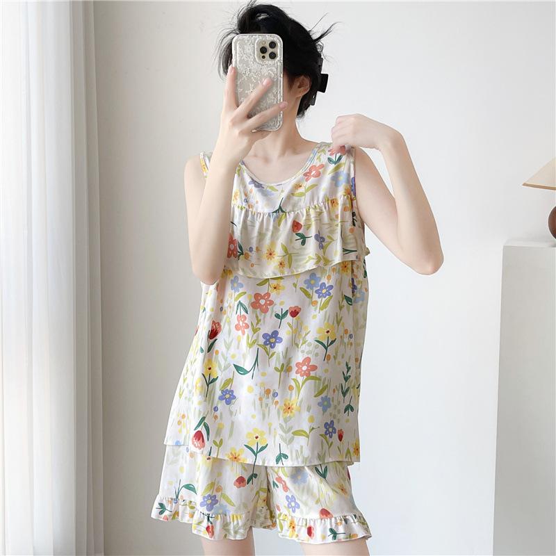 Women's Summer Ultra-Thin Cotton Satin Pajamas Set With Shorts And Sleeveless Vest, Cool Comfort Home Wear For Hot Weather
