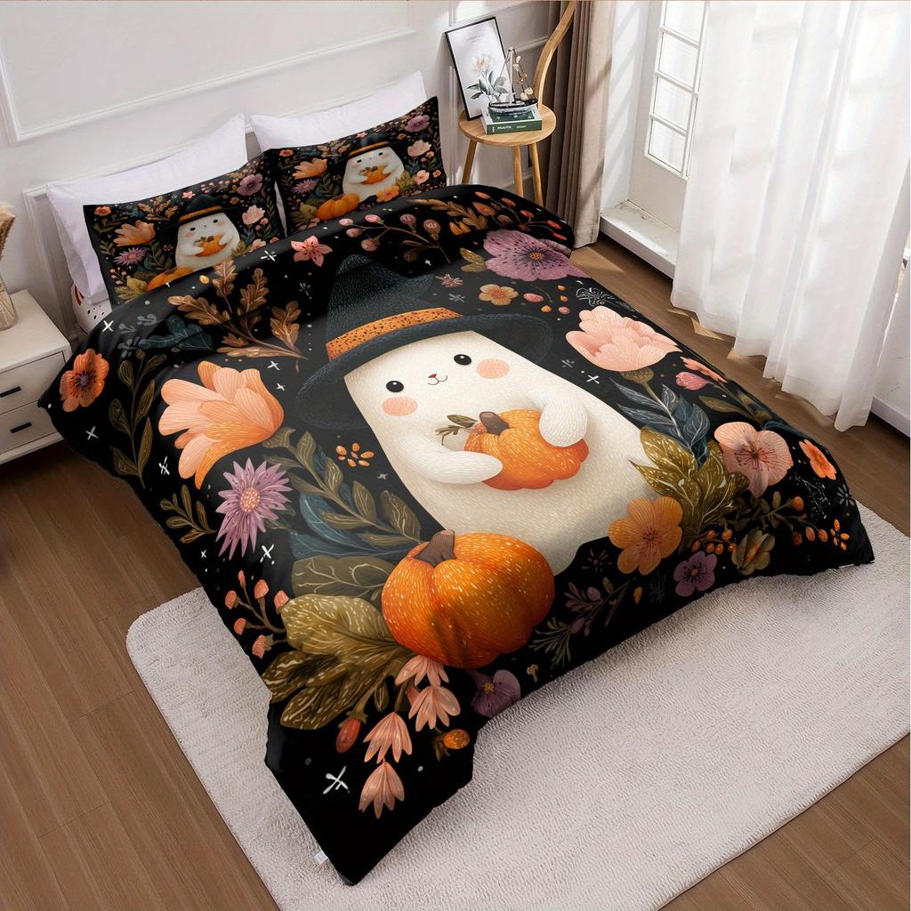 3pcs Halloween Pumpkin Monster Duvet Cover Set without Core, Quilt Cover with 2 PillowcasesSoft and Machine Washable