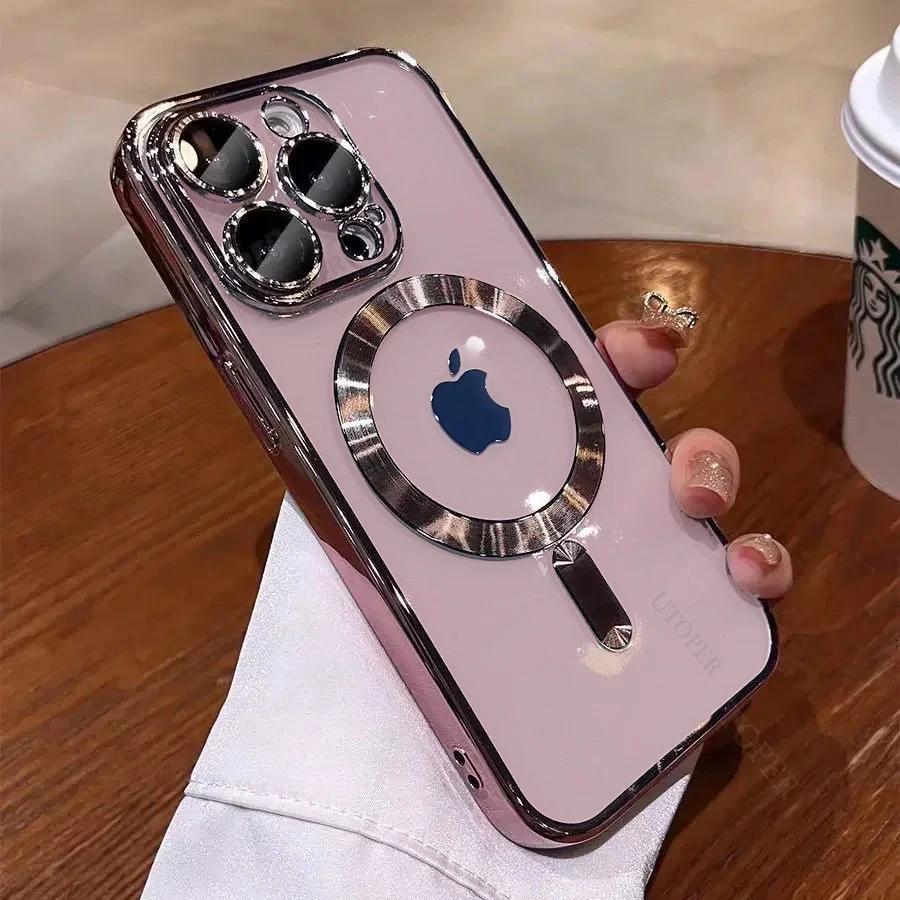 Luxury New Clear Lens Film Magnetic Case For IPhone 15 14 13 12 11 Pro Max Plus Plating Wireless Charging Shockproof Cover