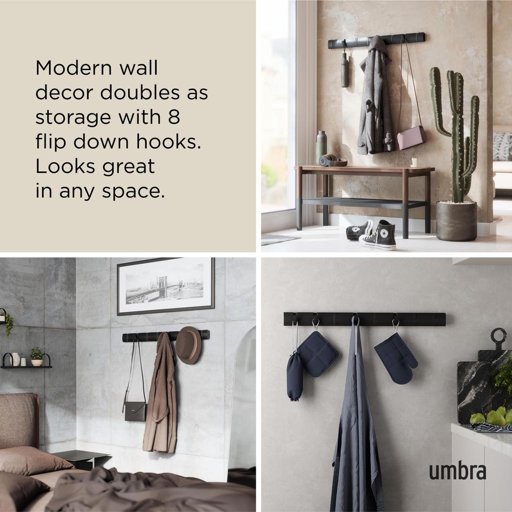 Official Umbra Wall Wall Storage FLIP 2318858040 Hooks, Hanger, Hooks, Wooden, Black, 8-Row HOOK,