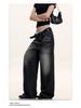 Yongfang Retro Wide-Leg Jeans - Unisex Black/Gray Distressed, Whiskered, Slimming 3D Straight Fit