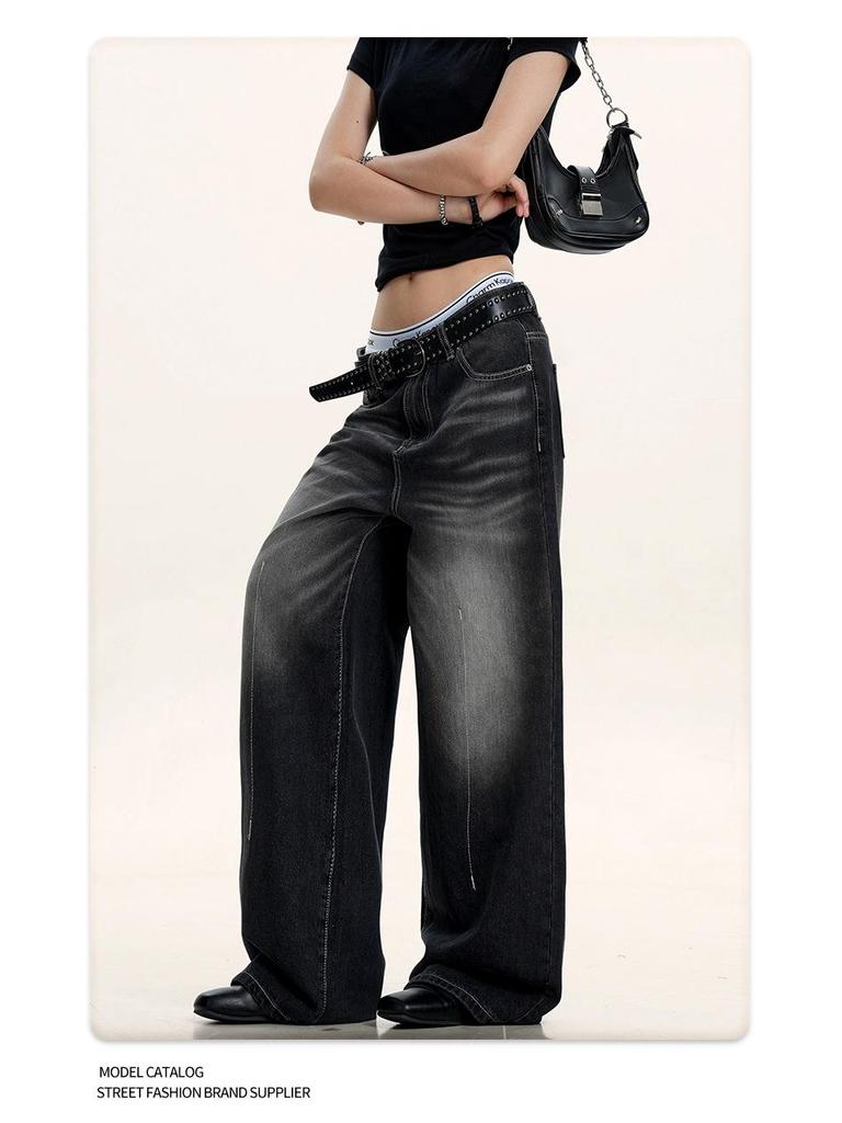 Yongfang Retro Wide-Leg Jeans - Unisex Black/Gray Distressed, Whiskered, Slimming 3D Straight Fit