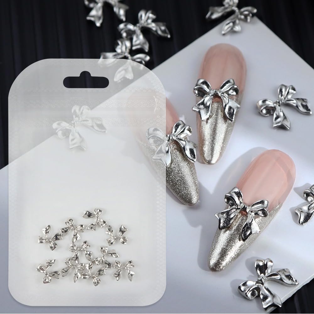 S.A.V.I 3D Bowknot Nail Charms - 10 Pcs Silver Bow Nail Art Decorations | Elegant DIY Manicure Accessories | Metallic Nail Decor for Salon & Home U