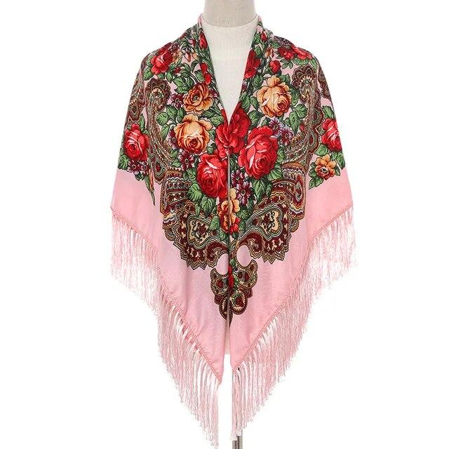 Women Russian Style Big Square Scarf Shawl Retro Fringed Cotton Print Scarves Hijab Wraps Ethnic Shawls Bandana
