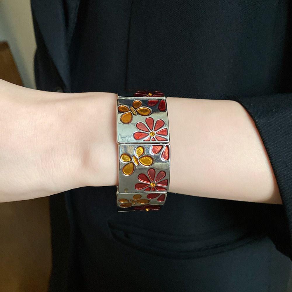 Metal Drip Oil Flower Bracelet Silver Elastic Bangles Geometric Square Bangle  Girls Gift