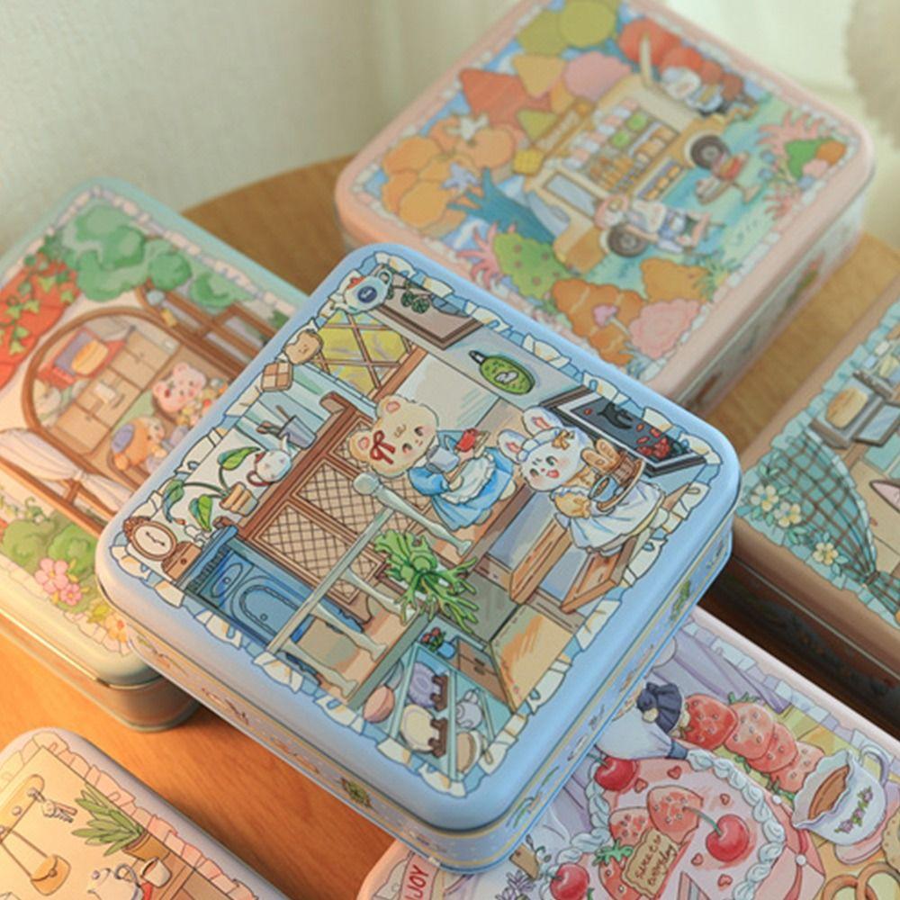 High Quality Cartoon Rabbit Iron Box Multicolor 17*17*6cm Cake Packaging Box Square with Lid Cookie Tin Money Contain