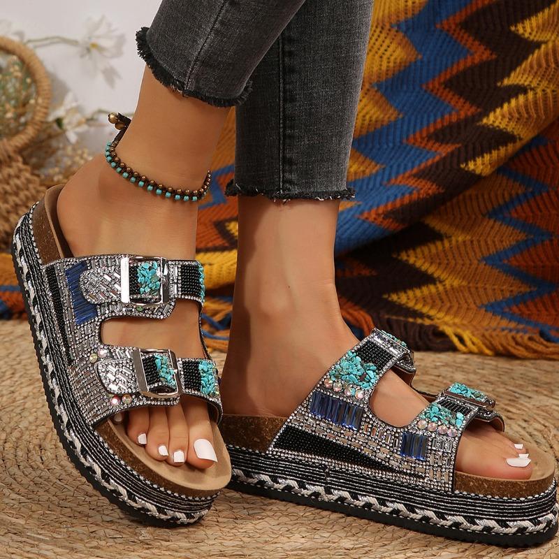 New Style Chunky Sole Hemp Rope Double Buckle Rhinestone Beach Sandals - Plus Size Women's Shoes