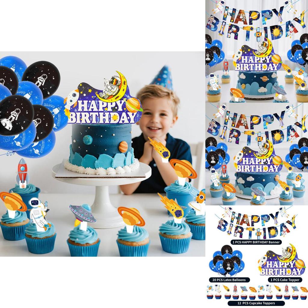Space Theme Birthday Cake Topper With Rocket Flags For Party Decor