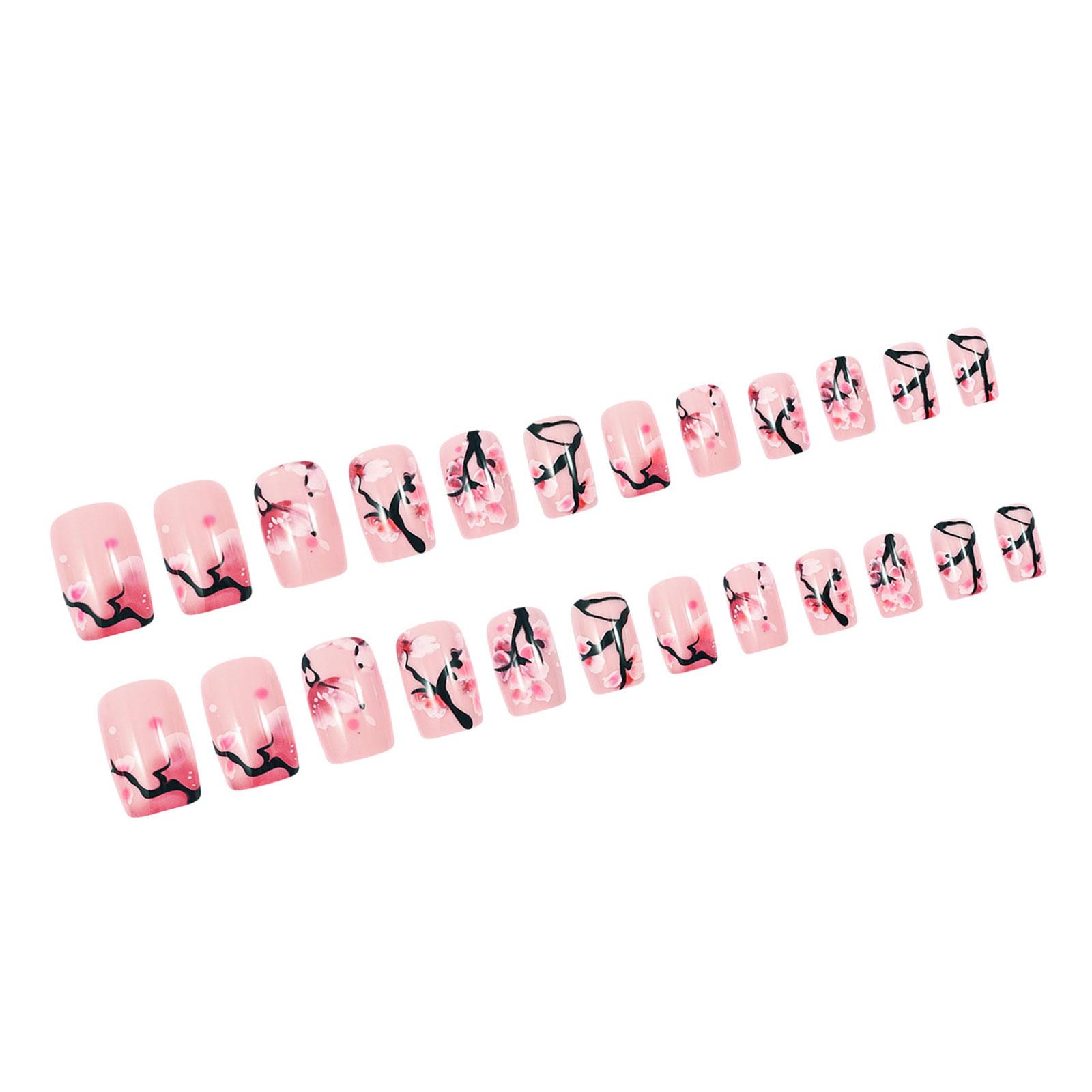 

Средний квадратный накладной ноготь с цветочным дизайном в виде ветки дерева, глянцевый маникюр, полное покрытие, искусственные ногти для женщин, маникюр 24 шт.