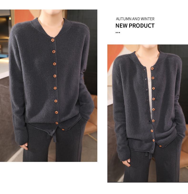 2024 Women's Loose V-Neck Pure Wool Knit Cardigan - Autumn/Winter Plus Size French Style Outerwear
