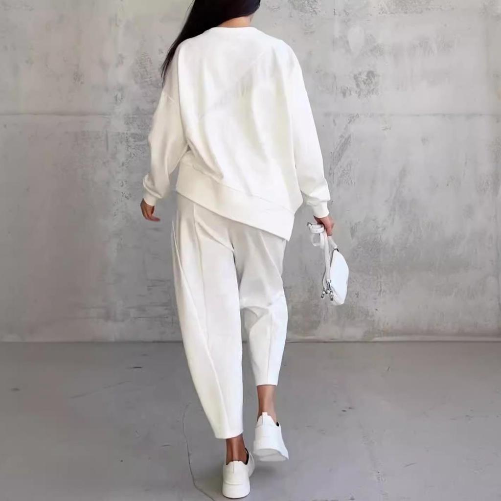 2024 Autumn/Winter Women's Casual Loose Fit Round Neck Irregular Long Sleeve Sweatshirt Set