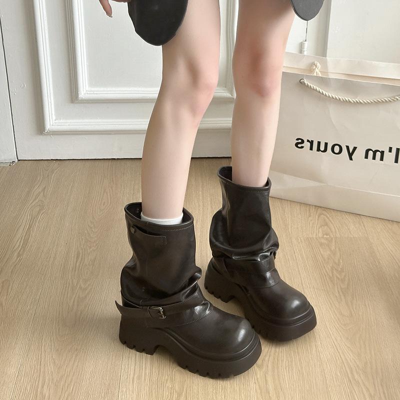 British style retro medium tube Martin boots women's pile short boots 2025 new autumn versatile thick-soled heightening trouser boots