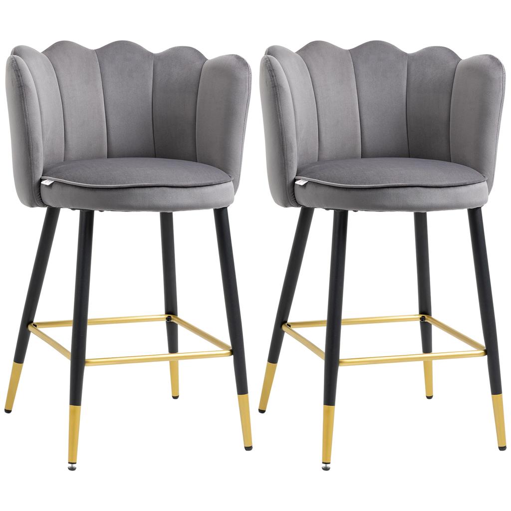Set of 2 Velvet Bar Stools with Footrest and Steel Base, 59x52x90cm, Grey