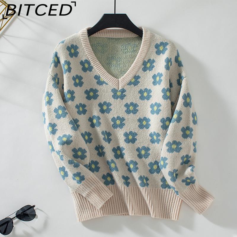 

BITCED Floral Jacquard V-Neck Pullover Women s Autumn/Winter Casual Knit Top XL бежевый