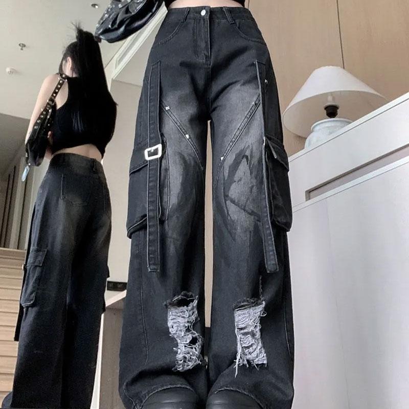 American Retro Black Denim Trousers Female Cargo Pocket Wide Leg Pants High Street Ripped Distressed Buckle Decoration Jeans New