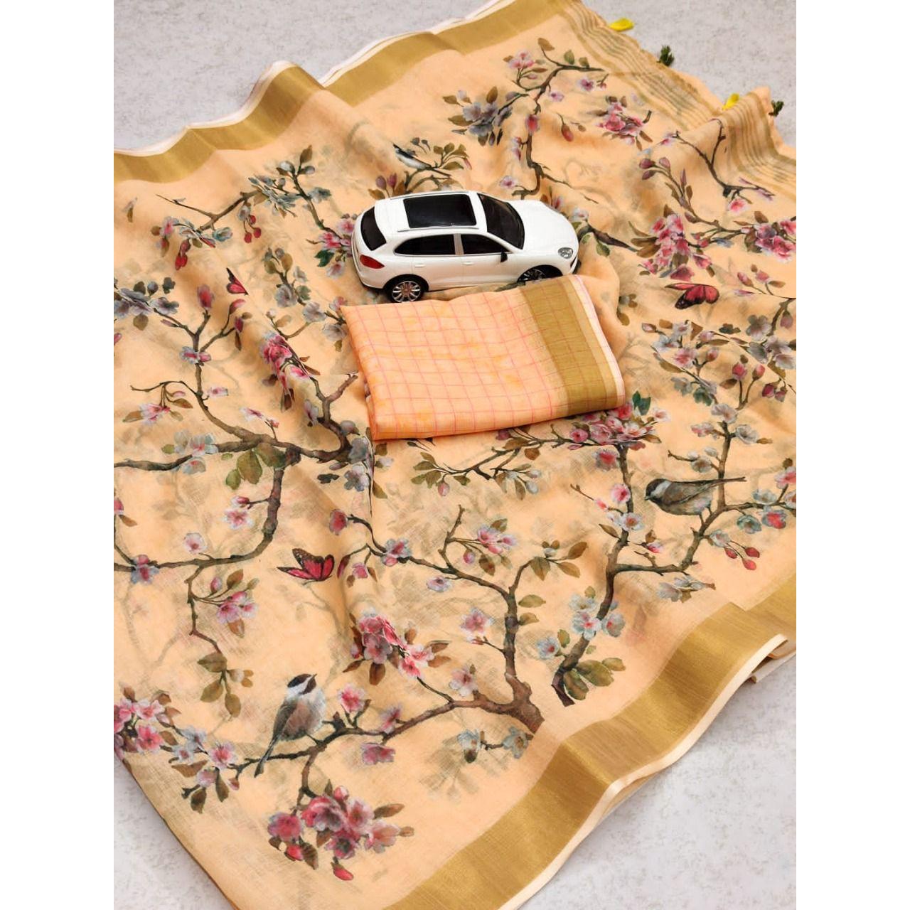 

Женское сари из чистого хлопка с золотой каймой Зари и блузкой с цифровым принтом