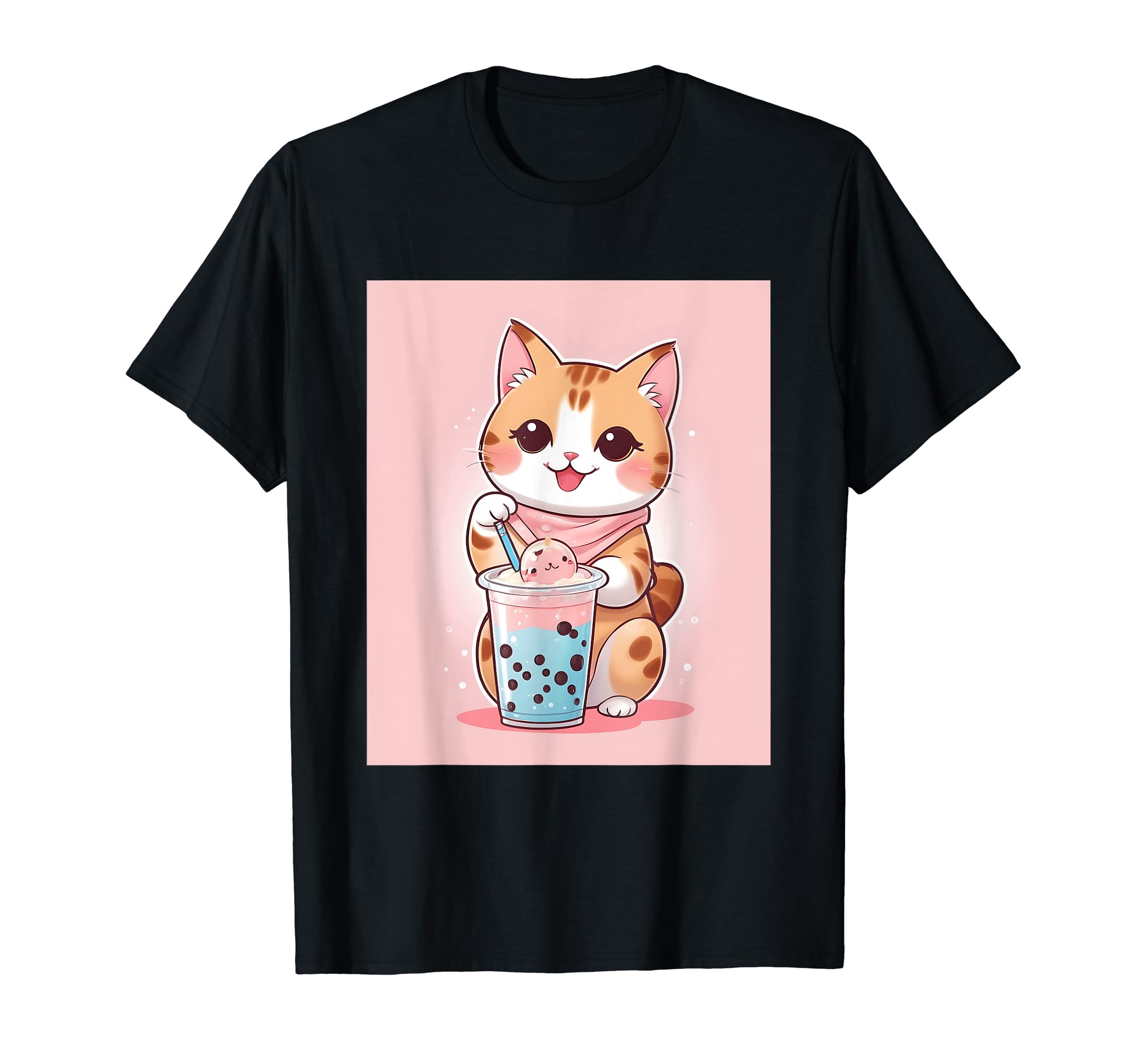 

bubble things printed Kawaii, cat, boba, tea, cute, Japanese, T-shirt чорний