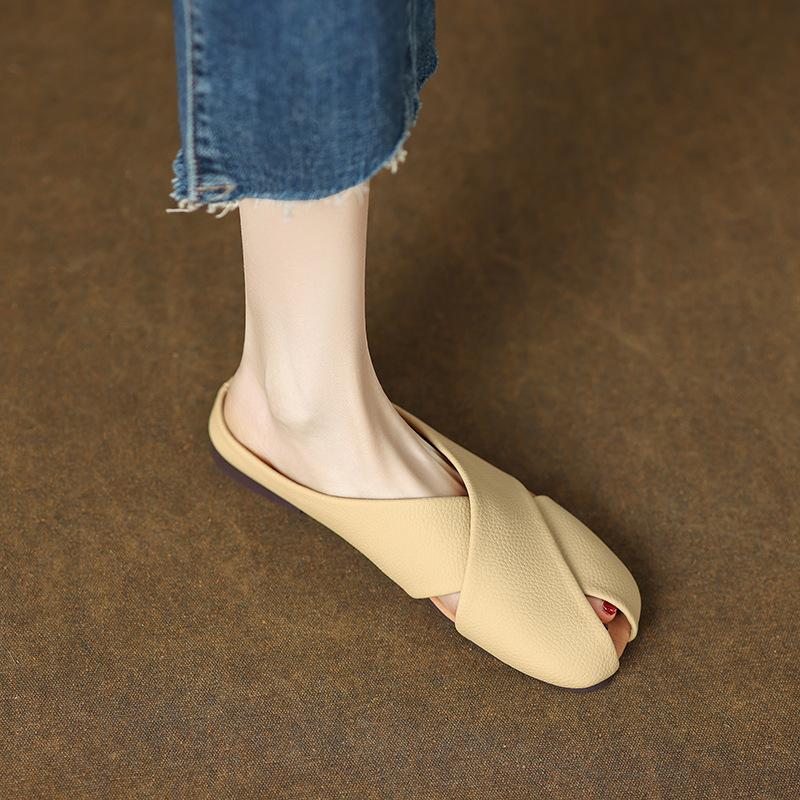 Sheepskin version~ genuine leather baotou half-drag summer outer wear hollow slippers women's soft leather fashionable versatile flat-bottomed cool