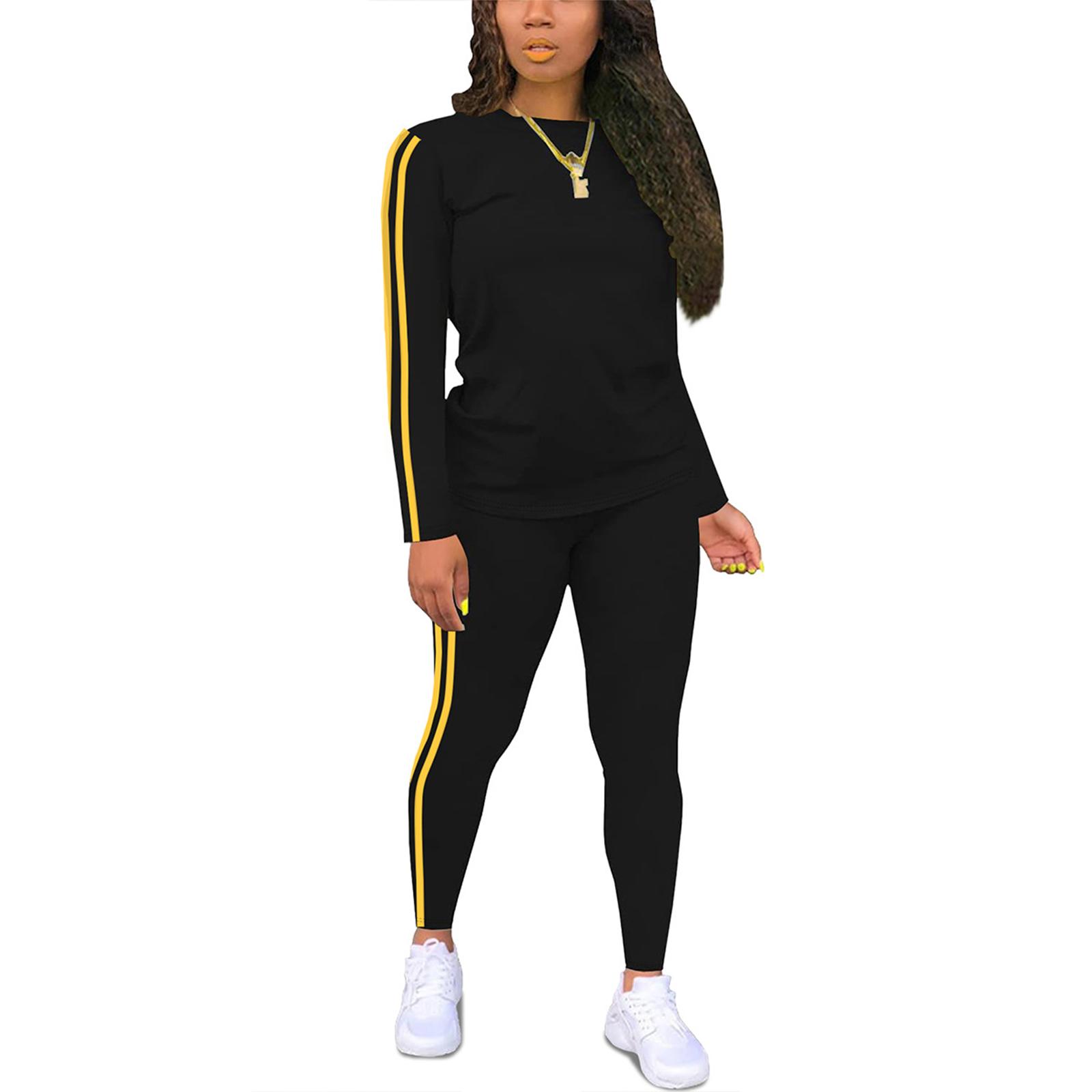 

Women s Round Neck Long Sleeve Patchwork Top And Trousers Set With Side Patches Two-Piece Suit XL жовтий