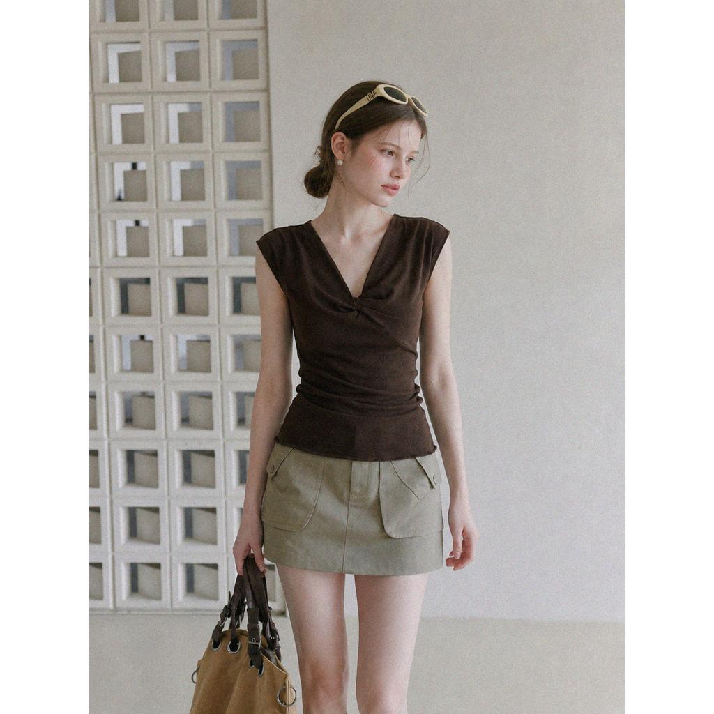 Coffee v-neck kink front shoulder sling vest women's summer new slim-fitting and thin sleeveless top
