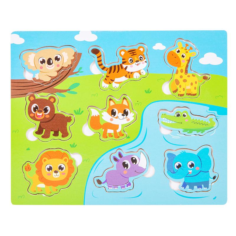 Montessori Wooden Puzzles Hand Grab Boards Toys Tangram Jigsaw Baby Educational Toy Cartoon Vehicle Animals Fruits for Kids Gift