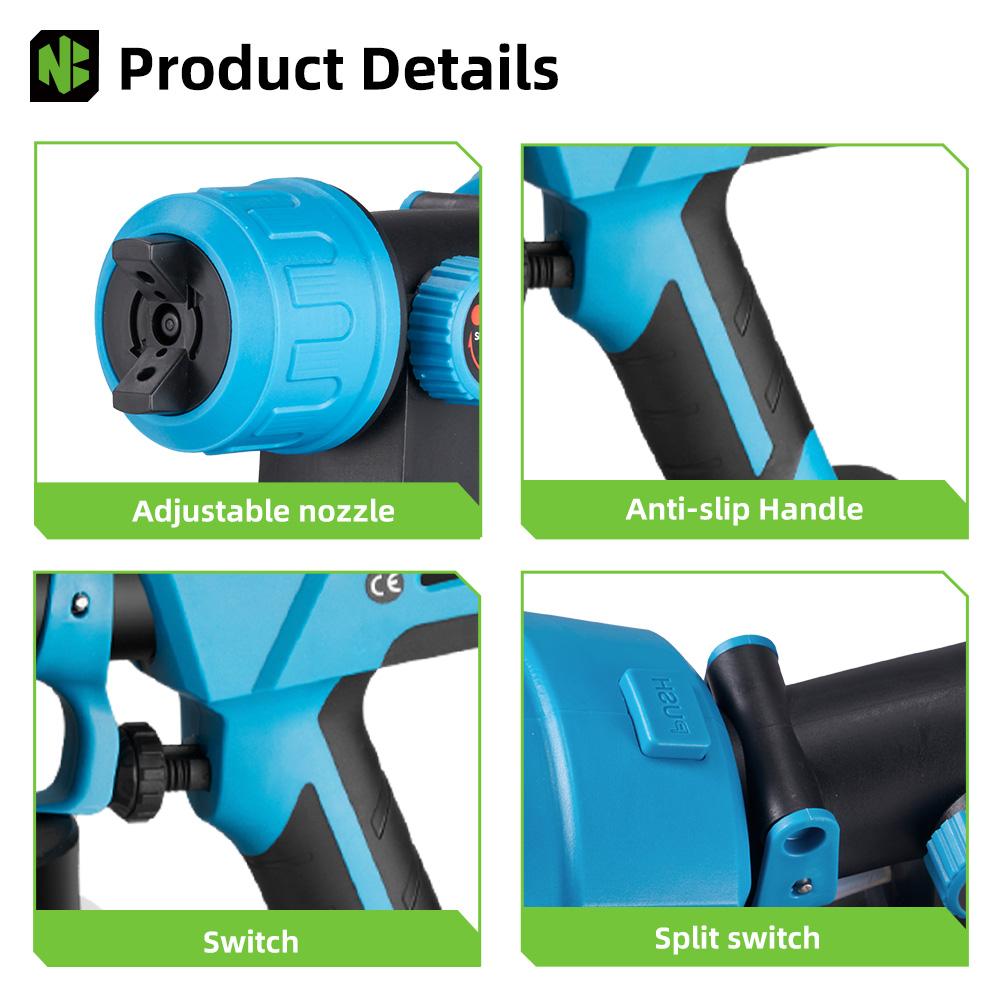 1000ML Pistol de pulverizare electric fără fir, portabil, de înaltă eficiență, pentru uz casnic, cu acoperire de oțel, pentru vopsit, pentru baterie de 18V