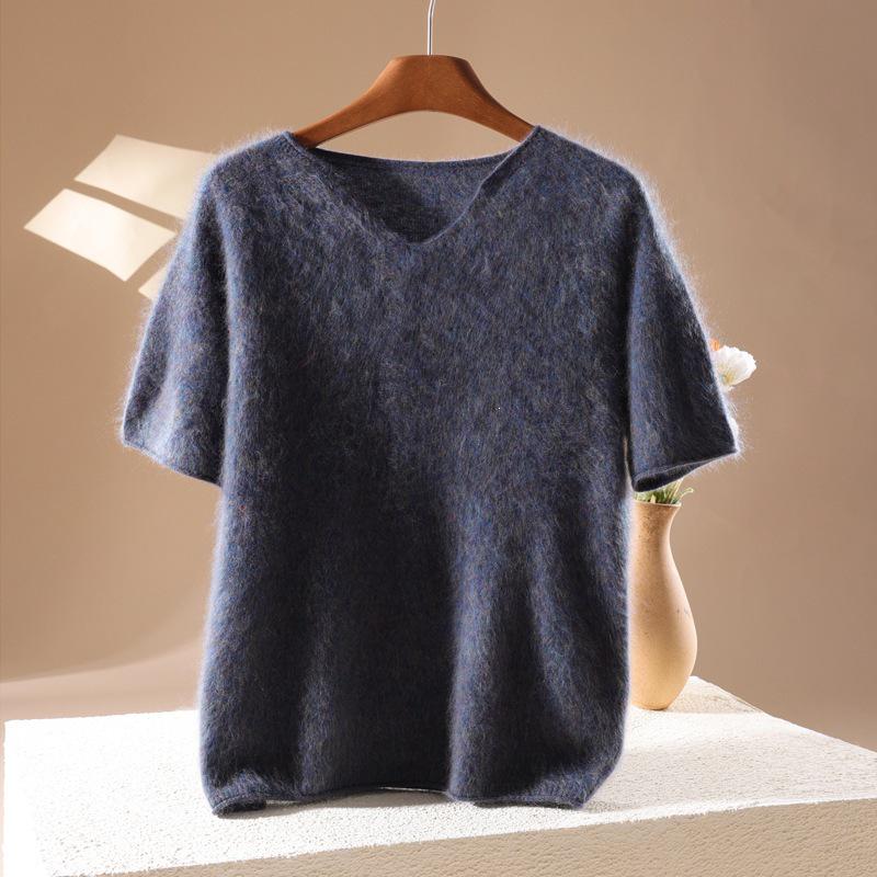 2026 A/W Women's V-Neck Cashmere Wool Knit Short Sleeve Sweater