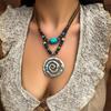 Vintage Silver Spirals Pendant Necklace Adjustable Length Neckchain Natural Turquoise Bead Choker Accessory for Women