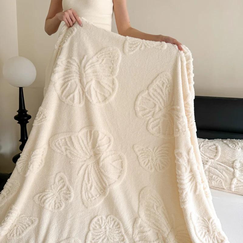 Luxurious Chiffon Butterfly Jacquard Throw Blanket Velvet Nap Blanket Office Shawl Comfortable Blanket Warm Sofa Blankets for Bed Quilt