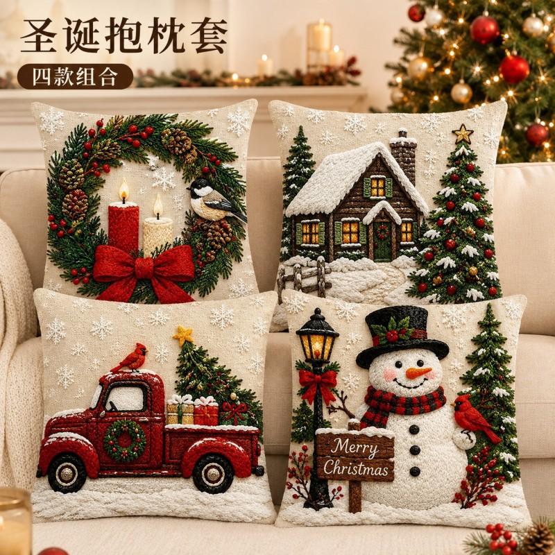 3D Christmas Snow Scene Pillow Cover With Wooden Cabin Red Truck Snowman Wreath Short Plush Square Decorative Cushion Case