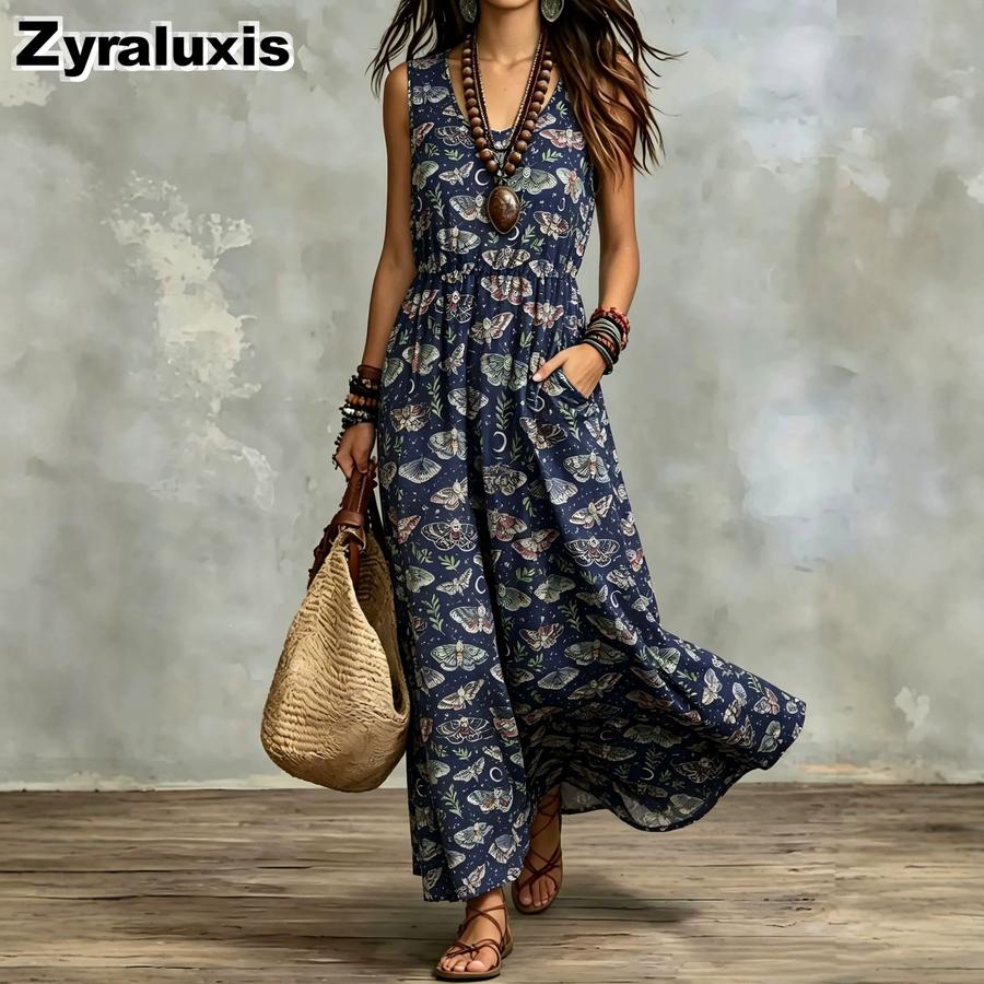 Summer New Printed Temperament Sleeveless Pocket Long Dress Vintage Dress Ready-to-Ship