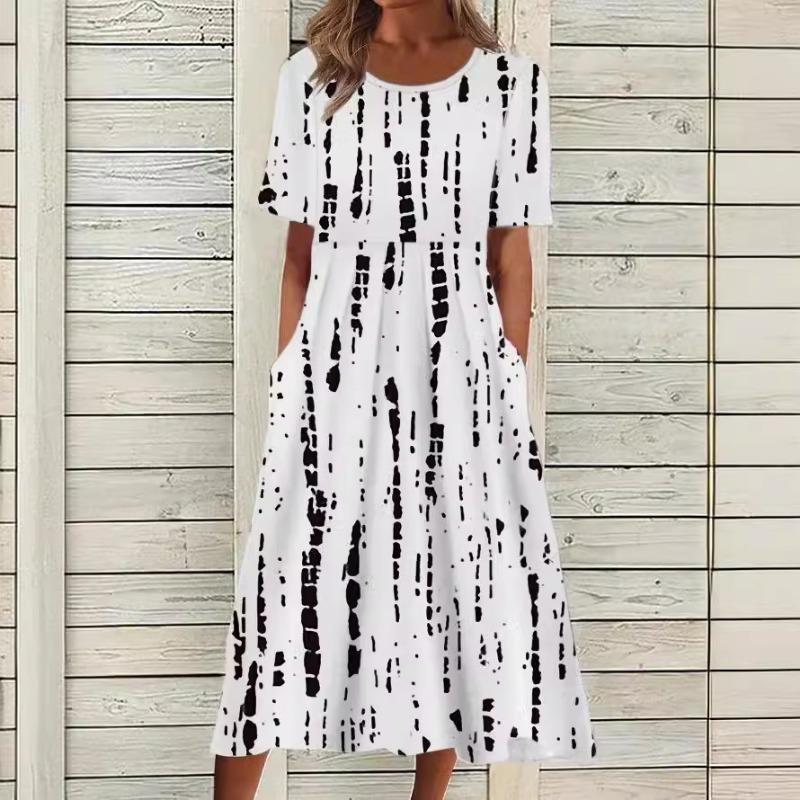 Casual O Neck Pockets Printed Loose Dresses for Women Plus Size Summer New Short Sleeve Women's Dress Fashion Elegant Vintage Floral Long Dress 3364