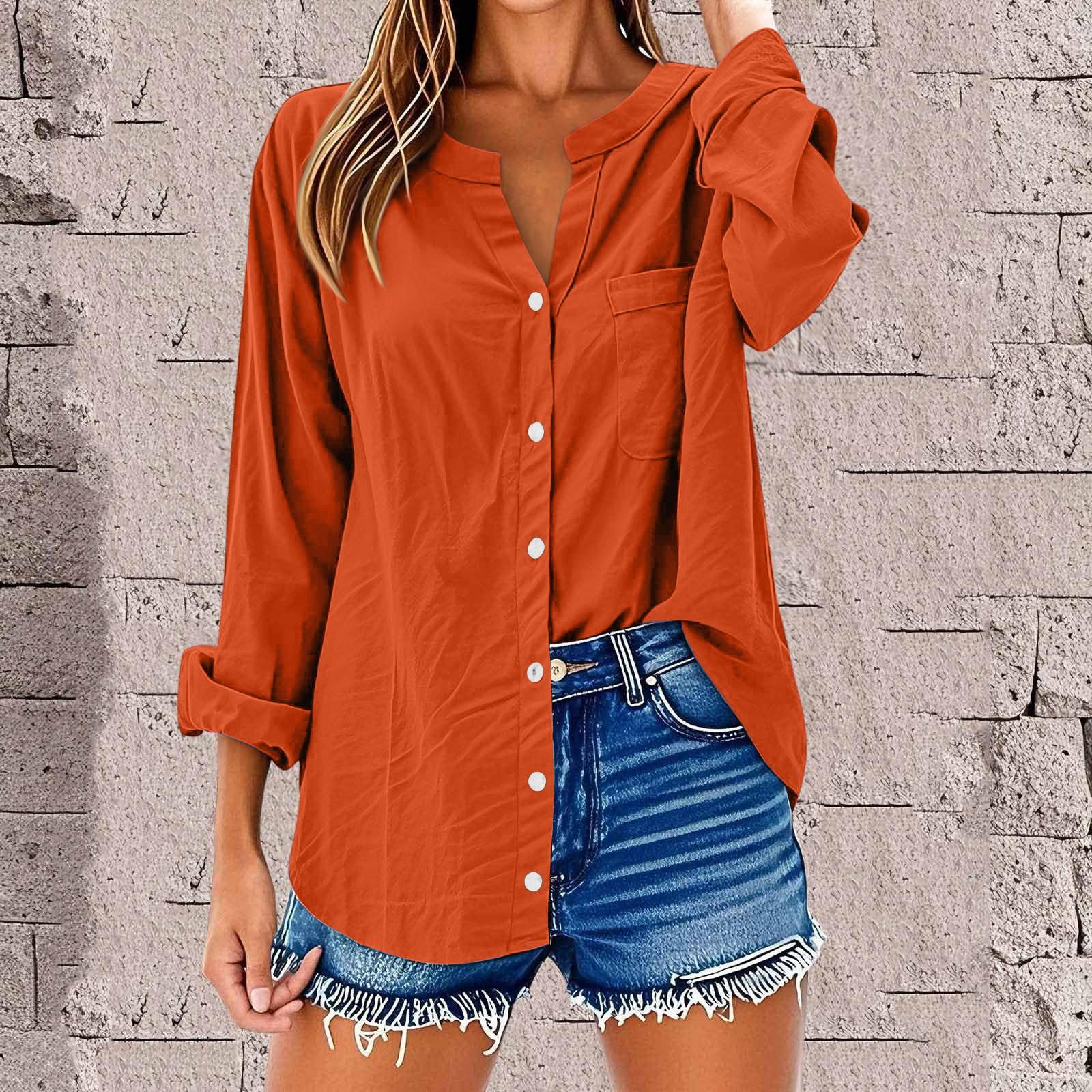 

Women s Fashion Casual Solid Color T-Shirt Cotton Linen Long Sleeve Cardigan Loose Top M шафрановий