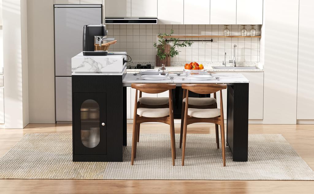 Kitchen Island with Casters, Extendable Dining Table with Foldable Tabletop, Bar Table with Power Strips and Hooks (black)