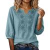 Blusa de Algodón y Lino para Mujer Bordada Floral Cuello en V Manga 3/4 Tops Casuales de Corte Holgado Camisas Tunica para Oficina Vacaciones Streetwear