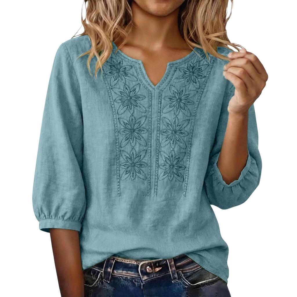 Blusa de Algodón y Lino para Mujer Bordada Floral Cuello en V Manga 3/4 Tops Casuales de Corte Holgado Camisas Tunica para Oficina Vacaciones Streetwear