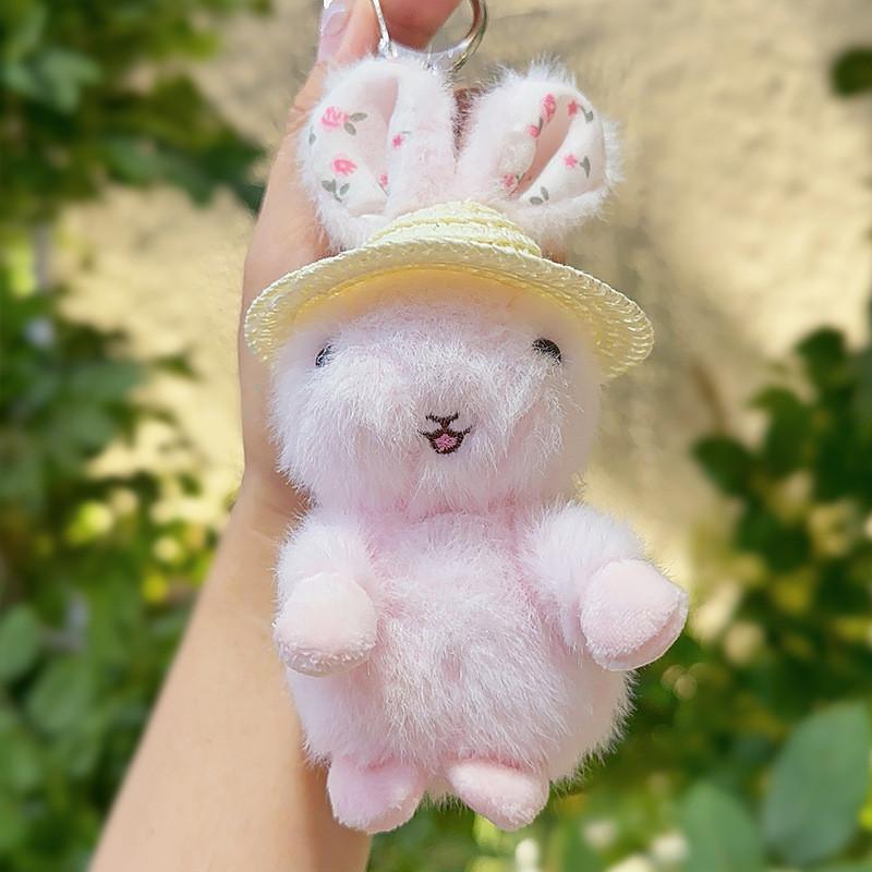 Cute Plush Rabbit Keychain With Floral Ear And Straw Hat Design For Daily Use