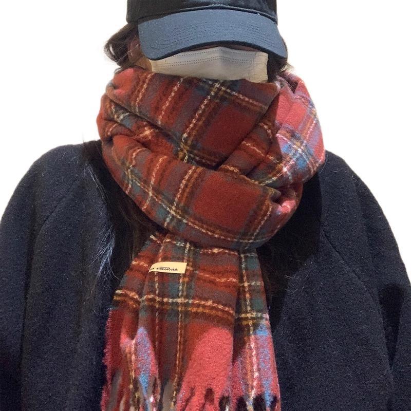 Premium Sense Red Plaid Scarf Women's Autumn and Winter New Korean Atmosphere Versatile Thickened Warm Scarf
