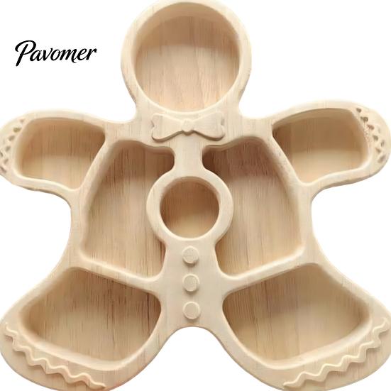 Solid Wood Fruit Bowls Wooden Christmas Divided Tray, Gingerbread Man Santa Xmas Tree Compartment Snack Rustic Kitchen Table Decor Platter,