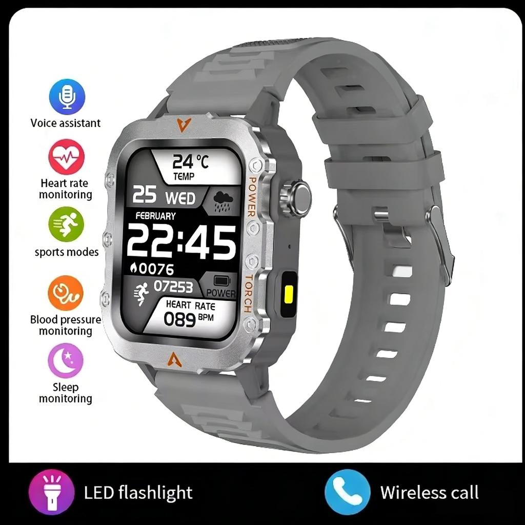 New Men's Smart Watch Outdoor Sports Watch 1.85 Inch Voice Assistant Bluetooth Call LED Flashlight Smartwatch