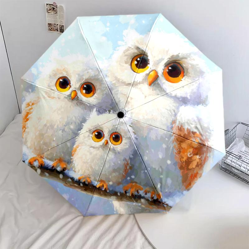 Motivo Gufo e Neve, ombrello pieghevole automatico, design portatile e pieghevole, 8 stecche, un regalo di Natale o di compleanno.