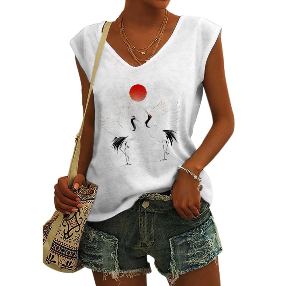 

Женский жилет с принтом журавля, безрукавка, майка с V-образным вырезом, женская одежда, модная уличная одежда, базовые футболки, топы с короткими рукавами S-3XL 5XL