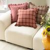 Square Throw Pillow Cover with Ruffled Edges Classic Checkered Pattern Decorative Cushion Case for Sofa Living Room Vintage Style
