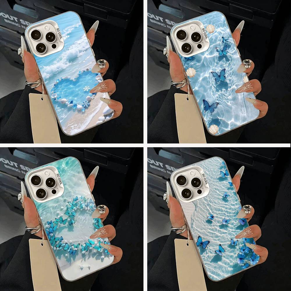 Blue Butterfly Ocean Wave Phone Case For iPhone 17,16,15,14,13,12,11 Plus,Pro Max,XS,white Silver Phone Case