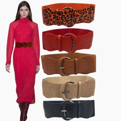 Waist Seal Leopard Print Dress Belt Leather Buckle Animal Pattern Elastic Elastic Wide Belt for Women